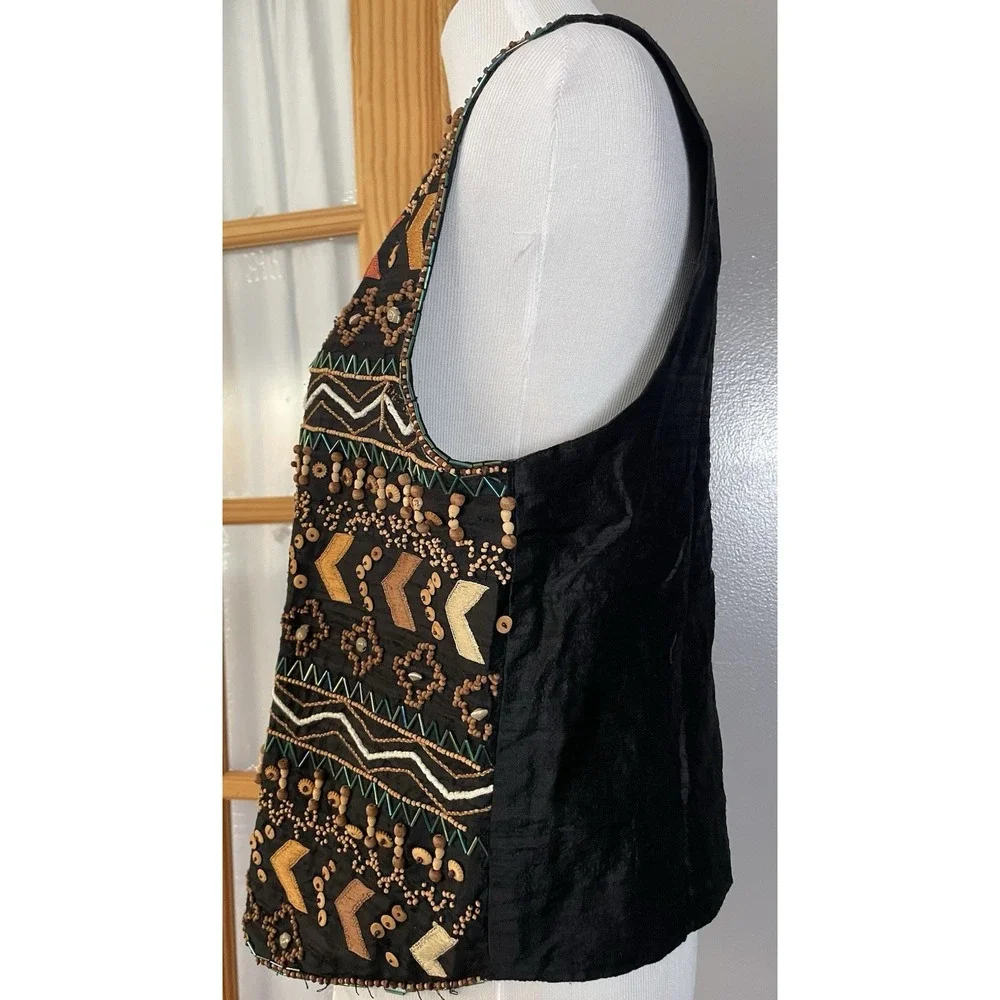 Vtg 80s Rafaella Beaded Silk Vest Sz M Black Button Up Aztec Western Cowgirl